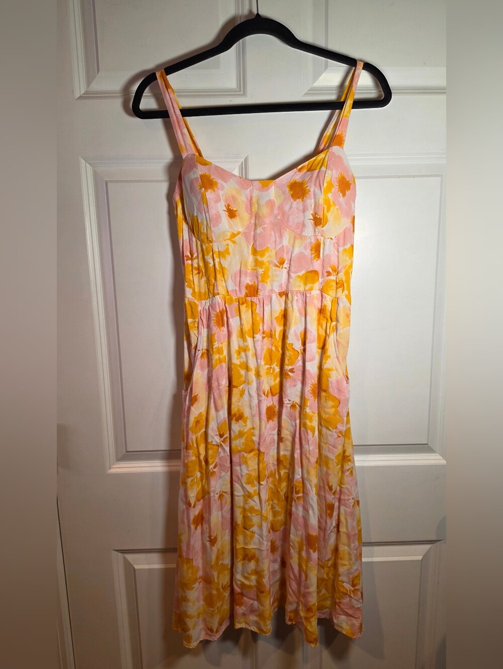 AUW Floral Pink and Yellow Midi Sundress Lightly Padded W/ Pockets L